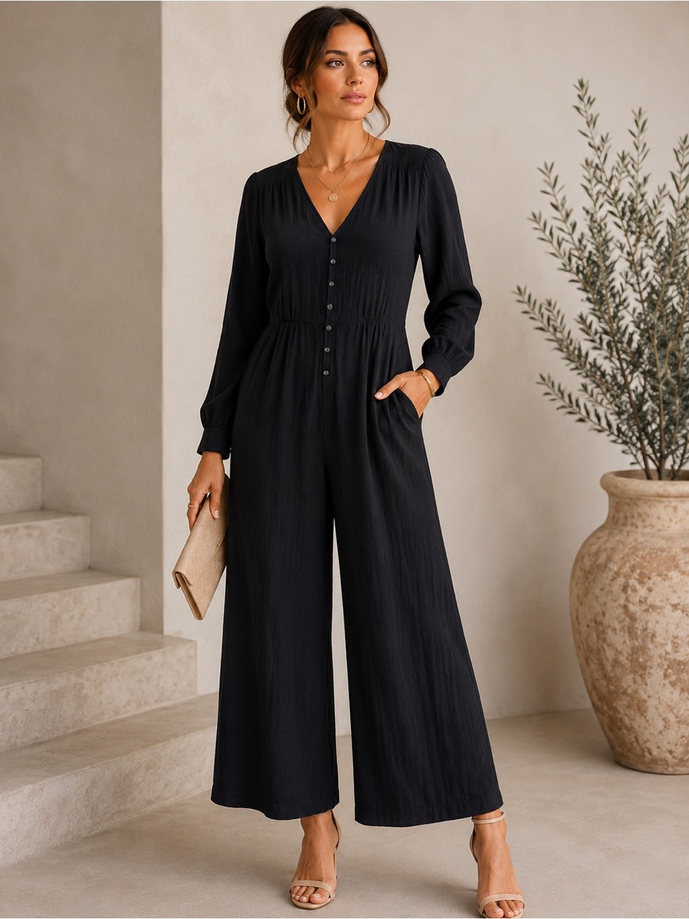 Women's Black V-Neck Long Sleeve Jumpsuit NWT